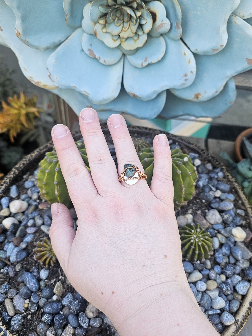 Moon Goddess Green Stone Copper Wire-Wrapped Ring - Women Jewelry